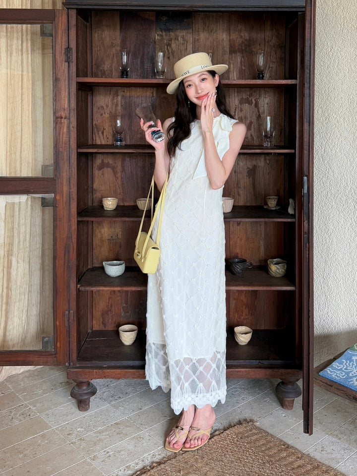 【dress】ノースリーブリボン付きロングワンピース Q8679