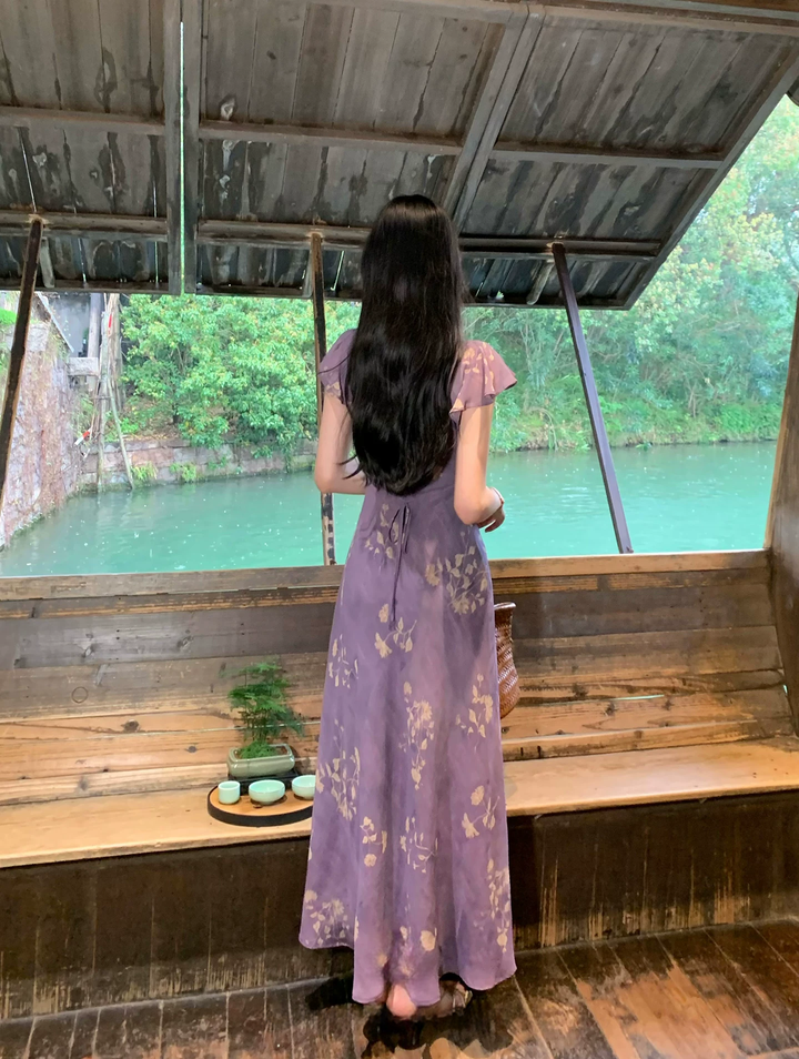 【dress】Vネックフラワー柄ロングワンピース Q8550
