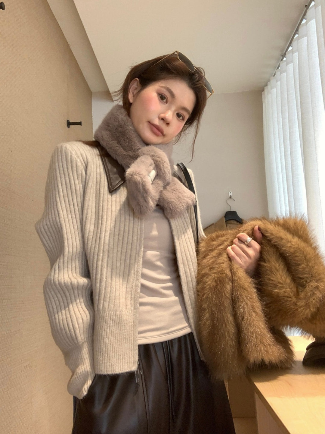 【outer】PUネックドッキングニットカーディガン Q9267