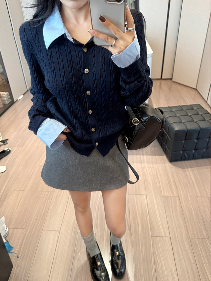 【tops】シャツネックフェイクレイヤードニットトップス Q9186