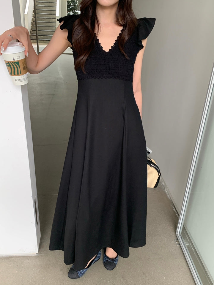 【dress】レースドッキングフラッタースリーブワンピース Q8672