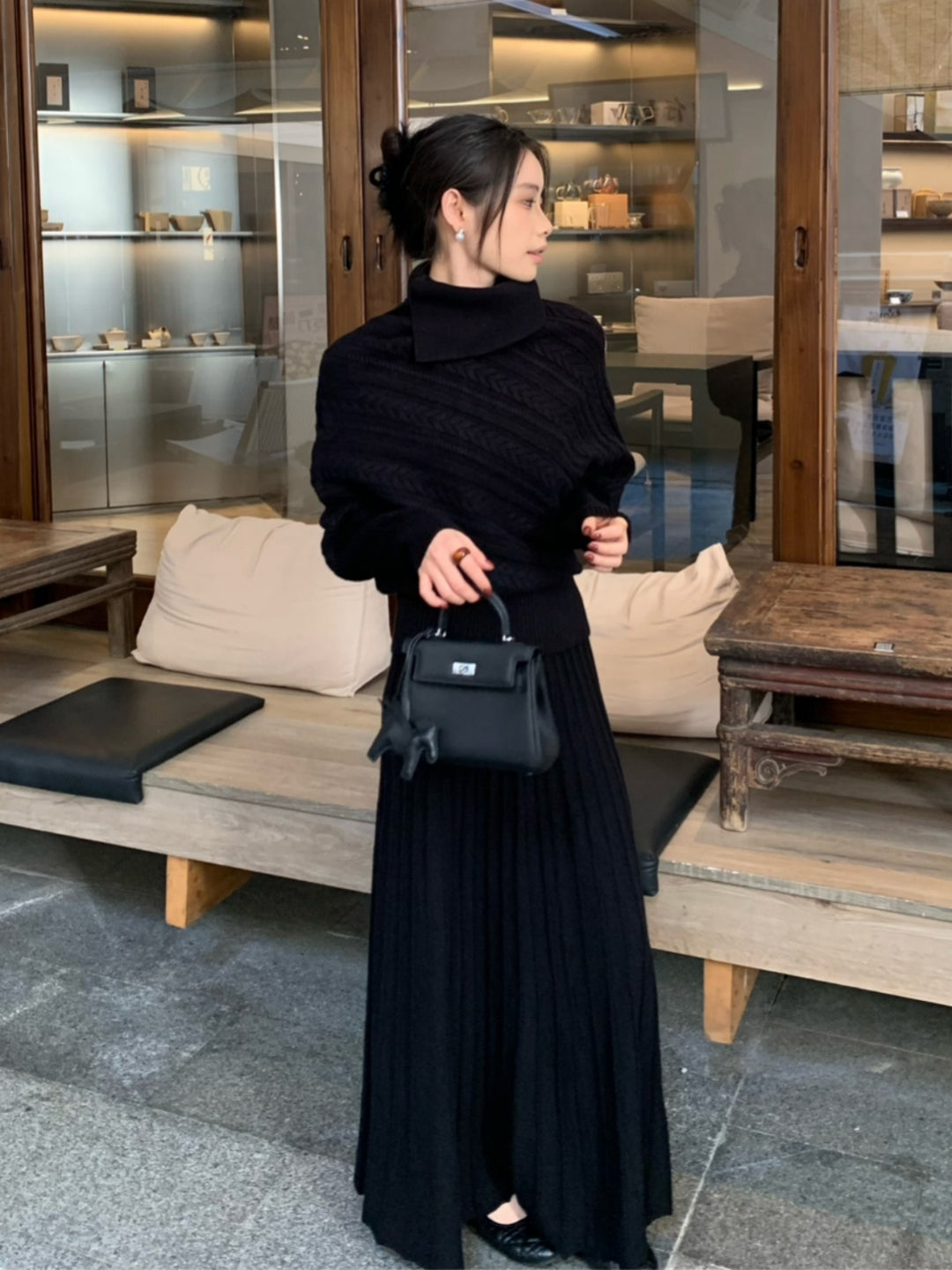 【set】ハイネックニットトップス×ロングスカートセット Q9253