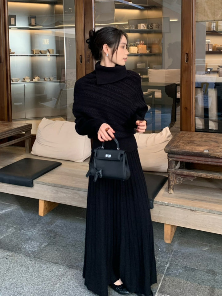 【set】ハイネックニットトップス×ロングスカートセット Q9253