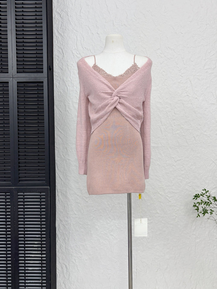 【set】クロスネックトップス×ニットキャミワンピースセット Q9273
