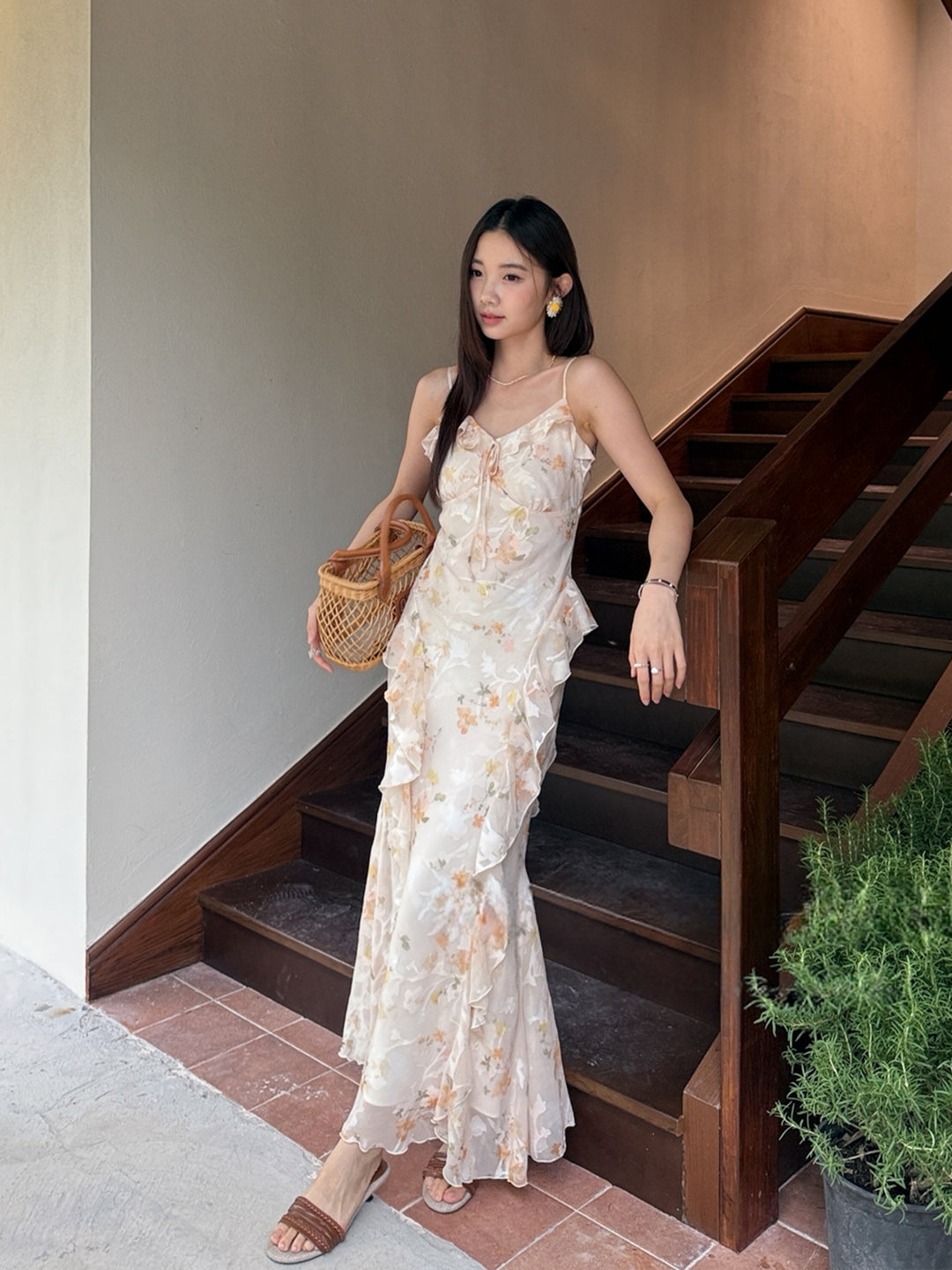 【dress】フラワー柄ギャザーフリルロングキャミワンピース Q8668