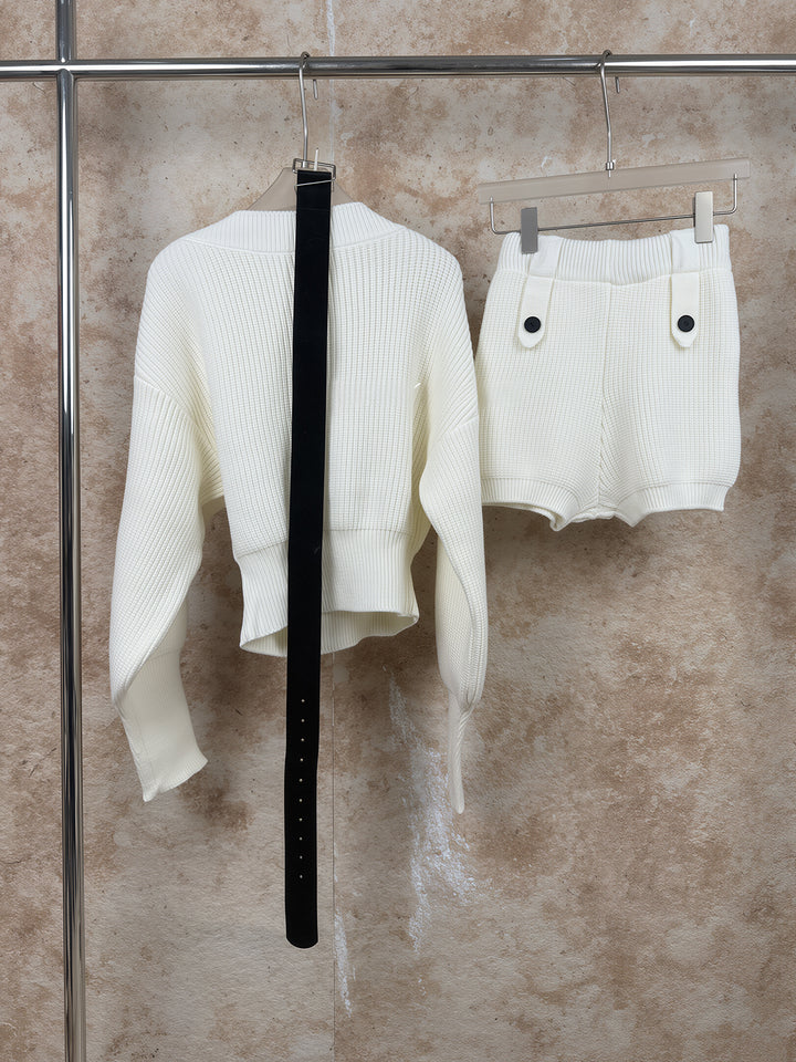 【set】ワンショルダーニットトップス×ベルト付きショートパンツセット Q9339