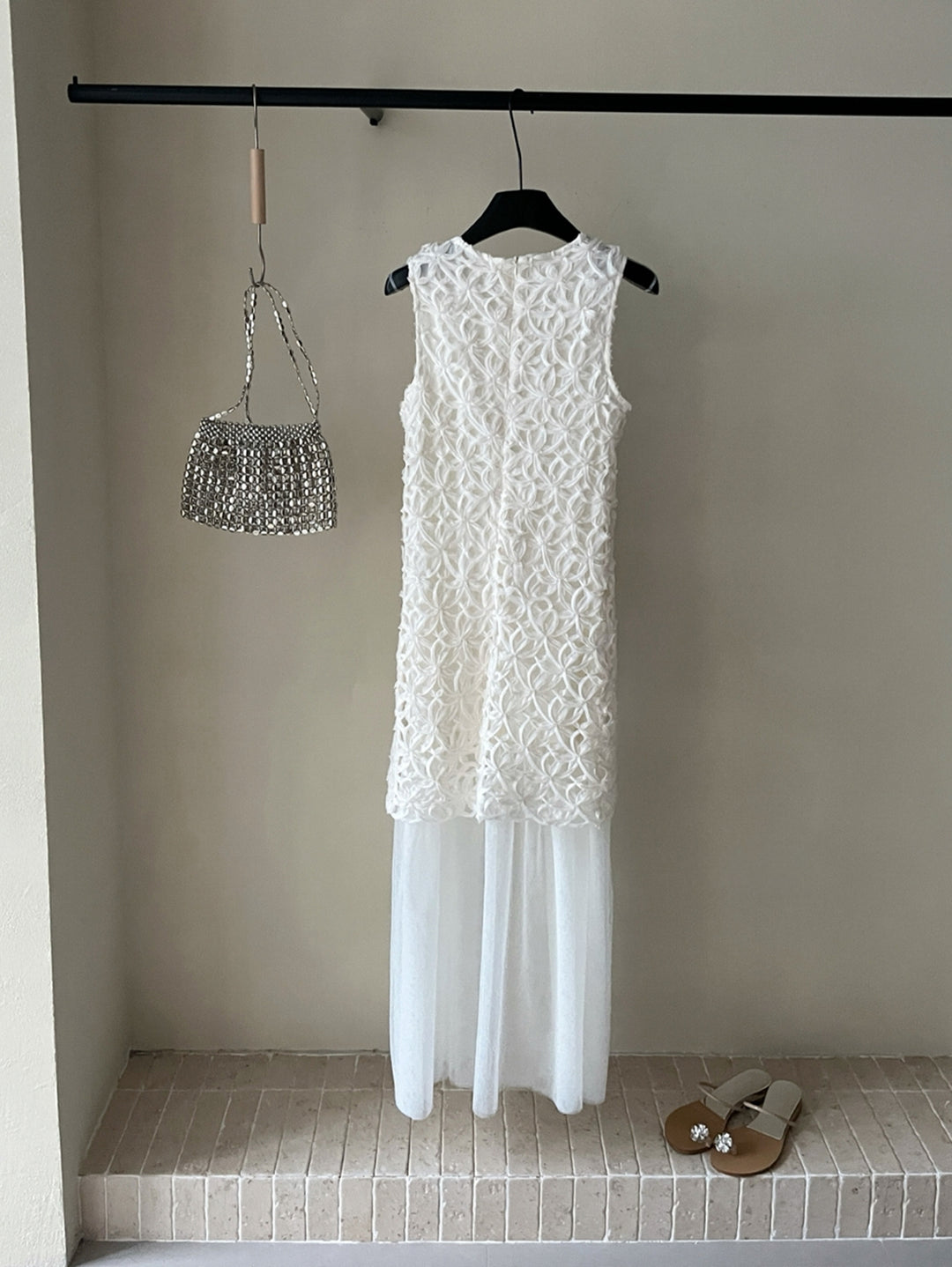 【dress】ノースリーブチュールドッキングロングワンピース Q8674