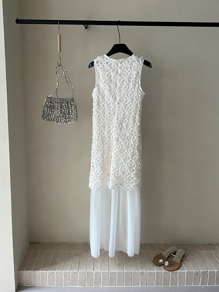 【dress】ノースリーブチュールドッキングロングワンピース Q8674
