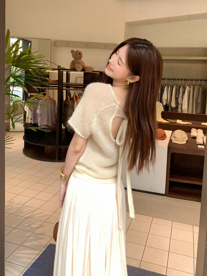 【tops】バックリボン半袖ニットトップス Q8979