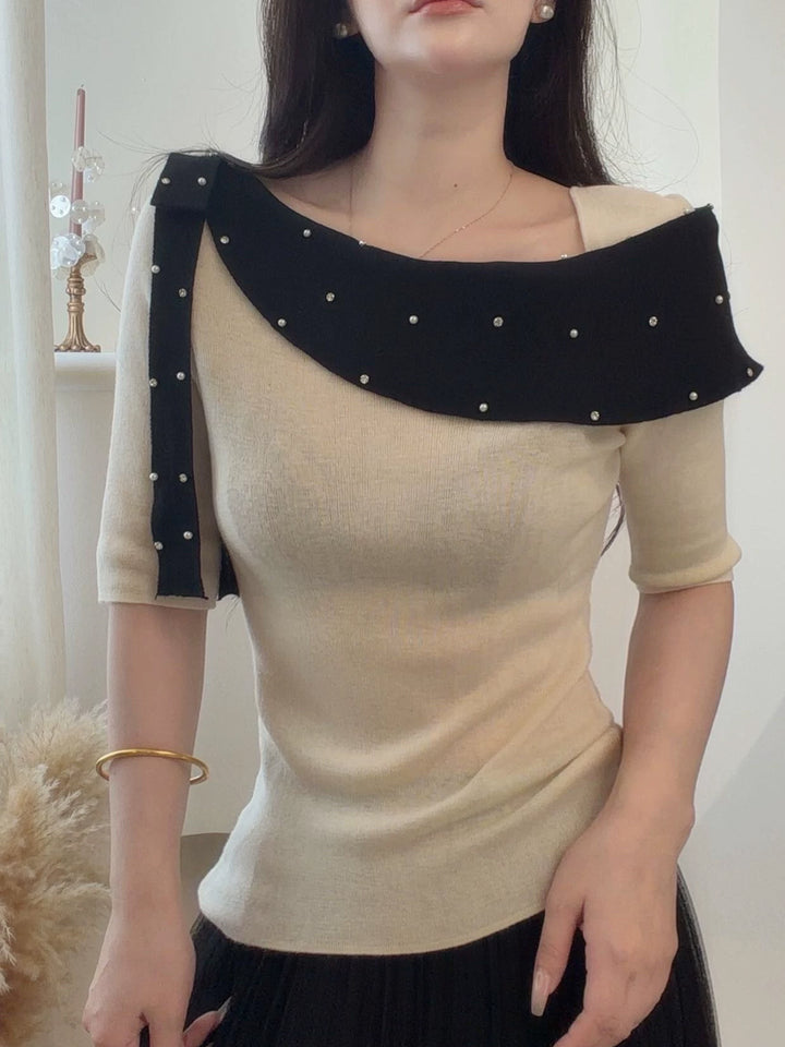 【tops】ラインストーン付きロールカラーニットトップス Q9076