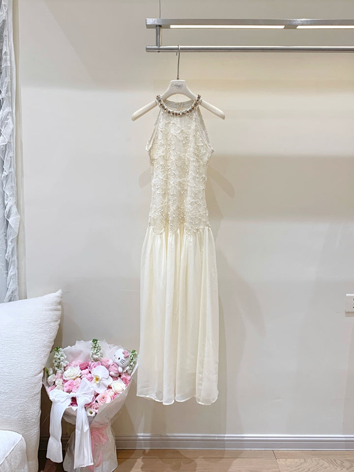 【dress】ノースリーブレースドッキングロングワンピース Q8685