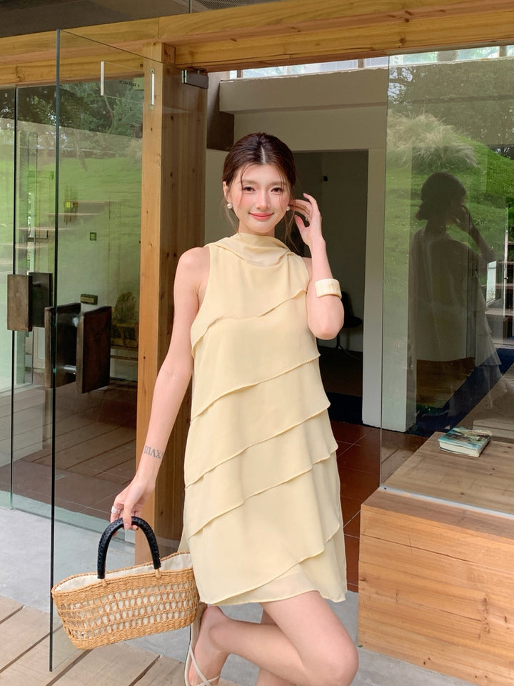 【dress】 スカーフネックシフォンティアードワンピース Q8882