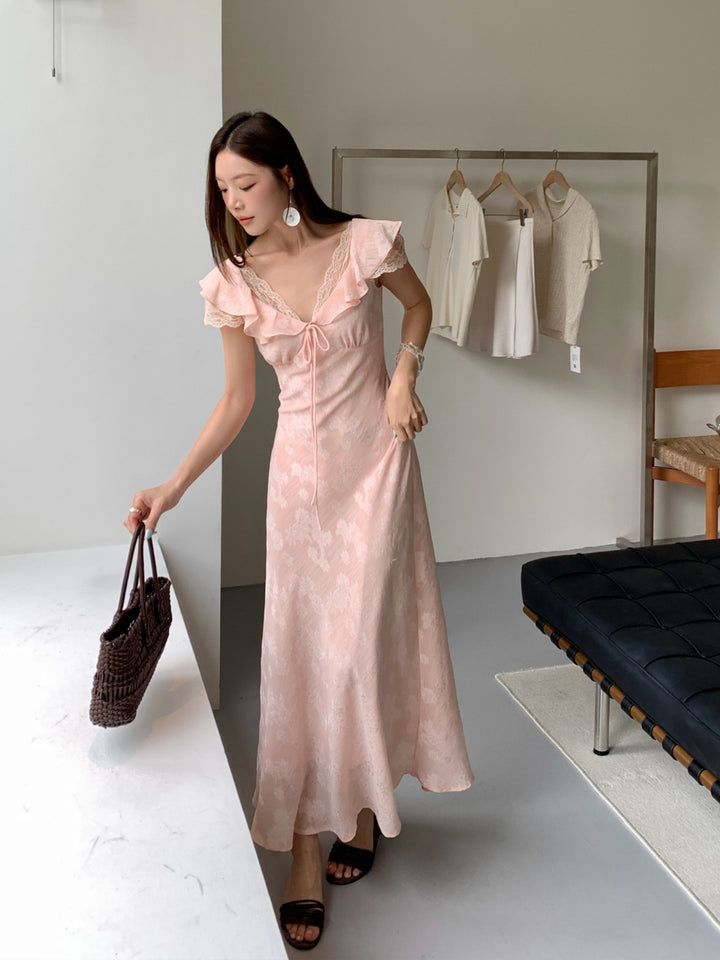 【dress】レースドッキングフラッタースリーブワンピース Q8658