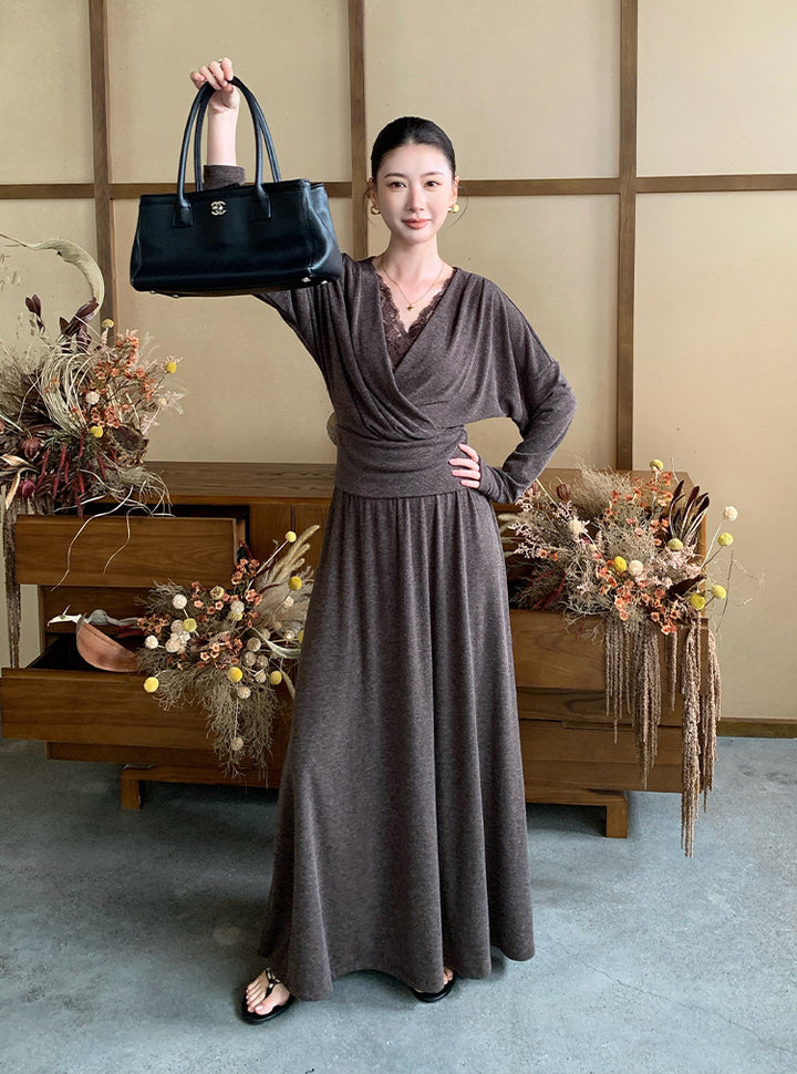 【set】レースドッキングトップス×ロングスカートセット Q8927