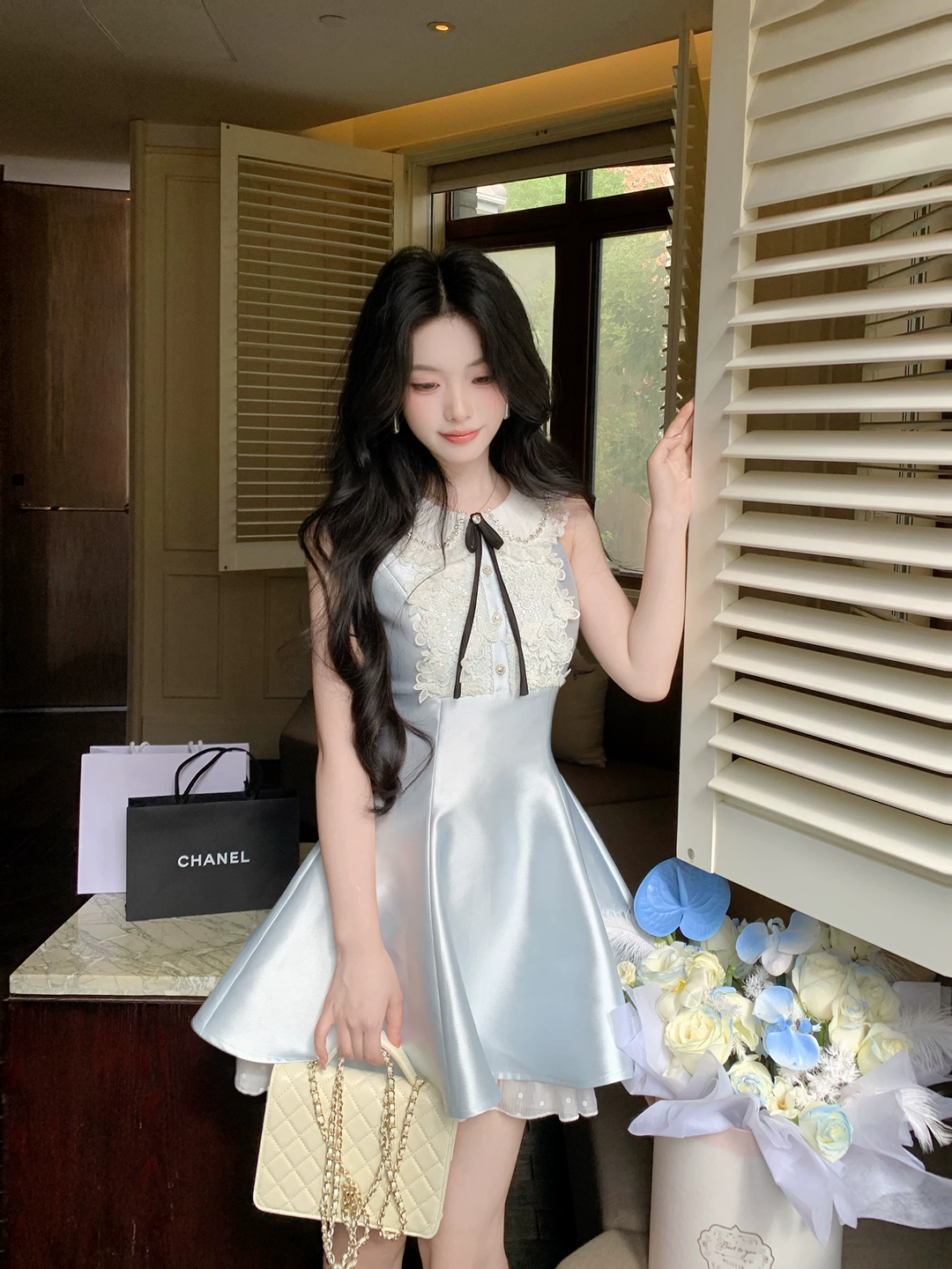 【dress】レースドッキングピーターパンカラーミニワンピース Q8549