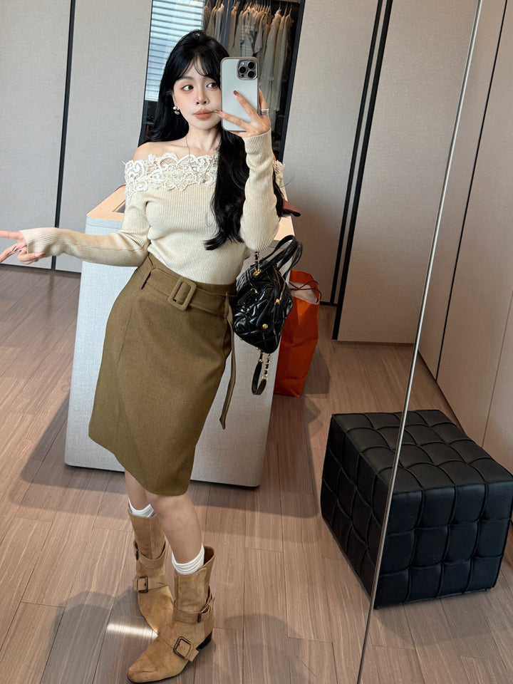 【tops】レースドッキングオフショルダーニットトップス Q9199