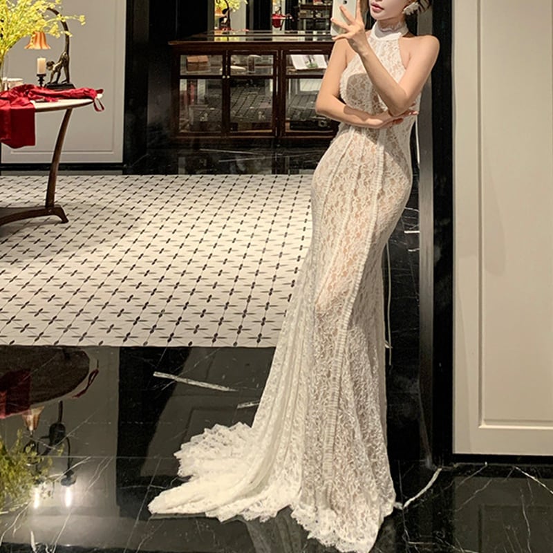 【dress】ホルターネックレースワンピース Q7582