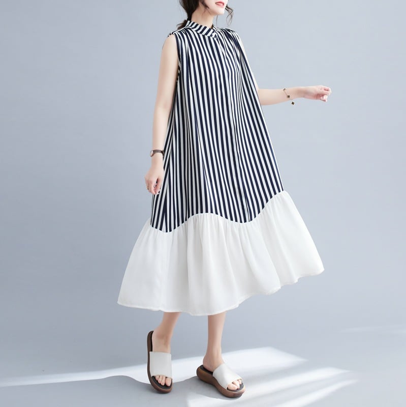【dress】韓国系ストライプ柄ノースリーブワンピース　M16946