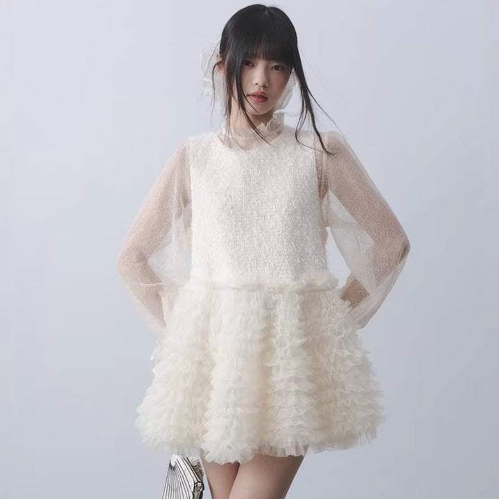 【dress】ギャザーフリルチュールドッキングベストワンピース Q7962