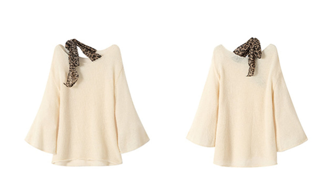 【tops】ヒョウ柄ショルダーリボンニットトップス　N3333