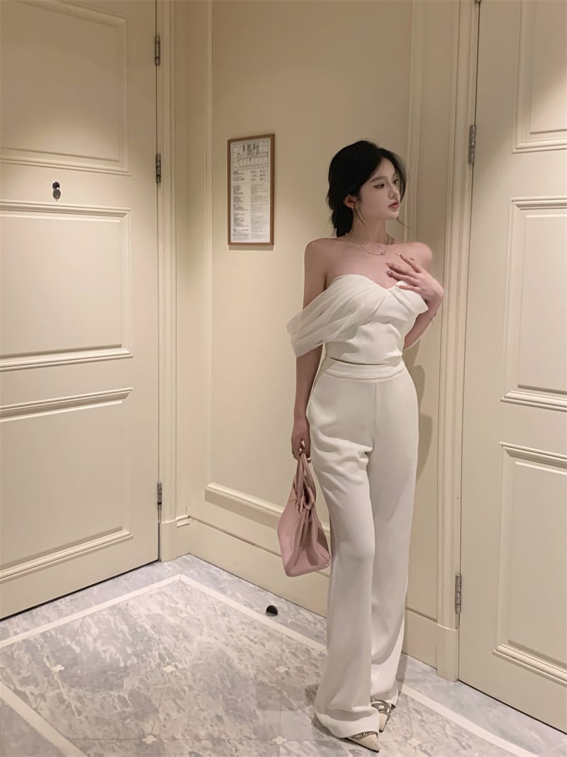 【set】オフショルダートップス×ストレートパンツセット　M23575