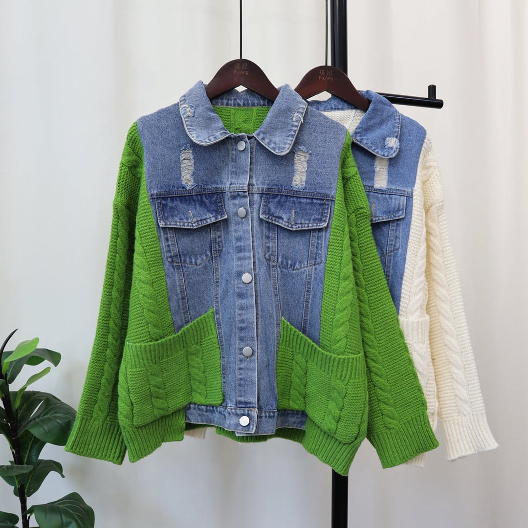 【outer】デニム切り替えニットカーデ　M18074