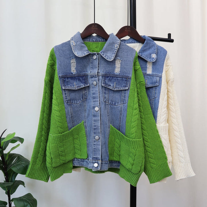 【outer】デニム切り替えニットカーデ　M18074