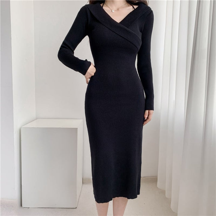 【dress】おしゃれ大人気Vネック無地ニットワンピース　M17566