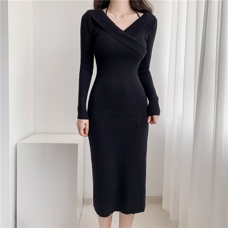 【dress】おしゃれ大人気Vネック無地ニットワンピース　M17566