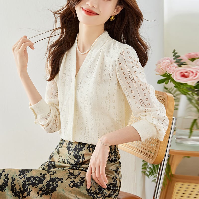 【tops】人気アイテム ! エレガントVネックシャツトップス　M17044