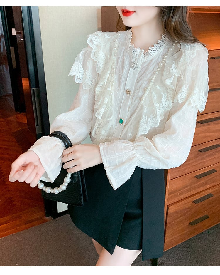 【tops】エレガントレース切り替えシャツトップス　M17378