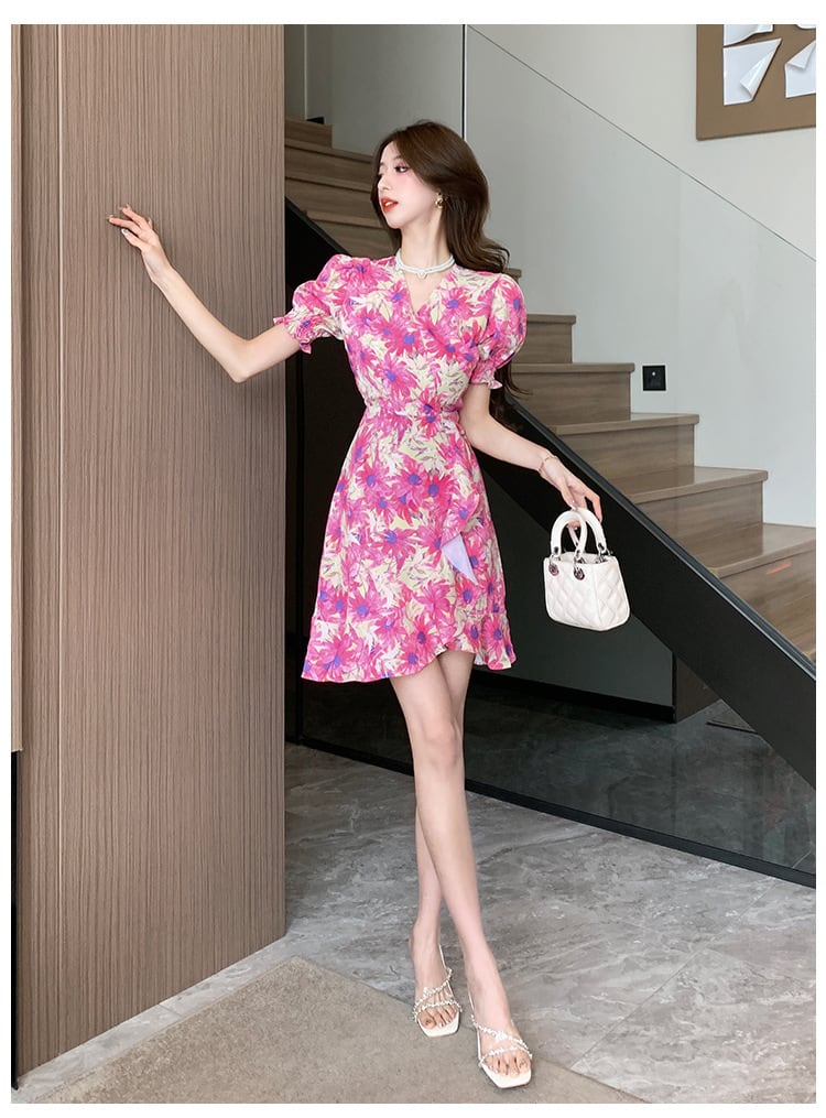 【dress】美人度アップ不規則 イレギュラー花柄ワンピース　M16782