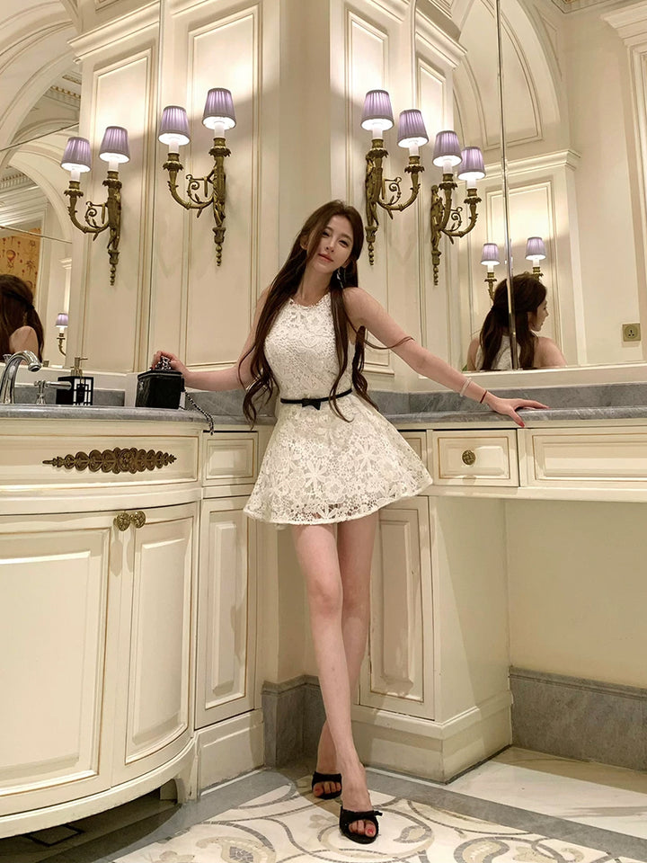 【dress】ベルト付きノースリーブレースワンピース Q8755