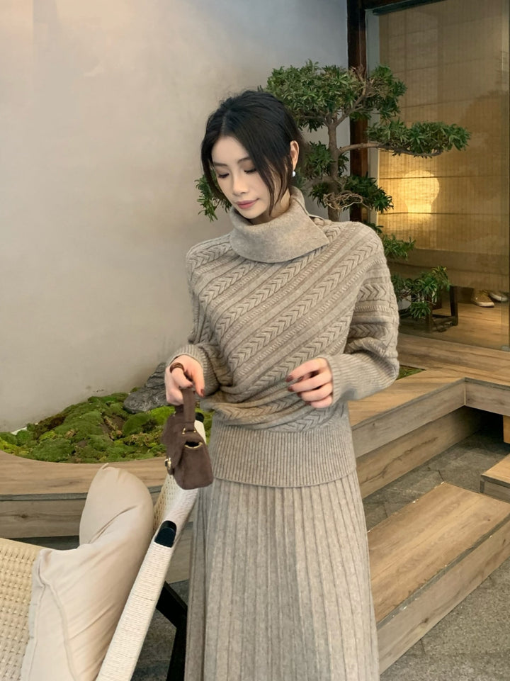 【set】ハイネックニットトップス×ロングスカートセット Q9253