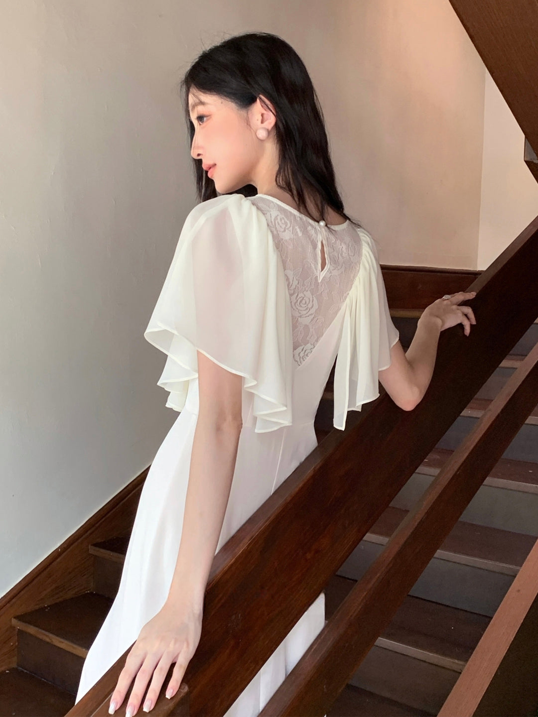 【dress】レースドッキングハンカチーフスリーブロングワンピース Q8675