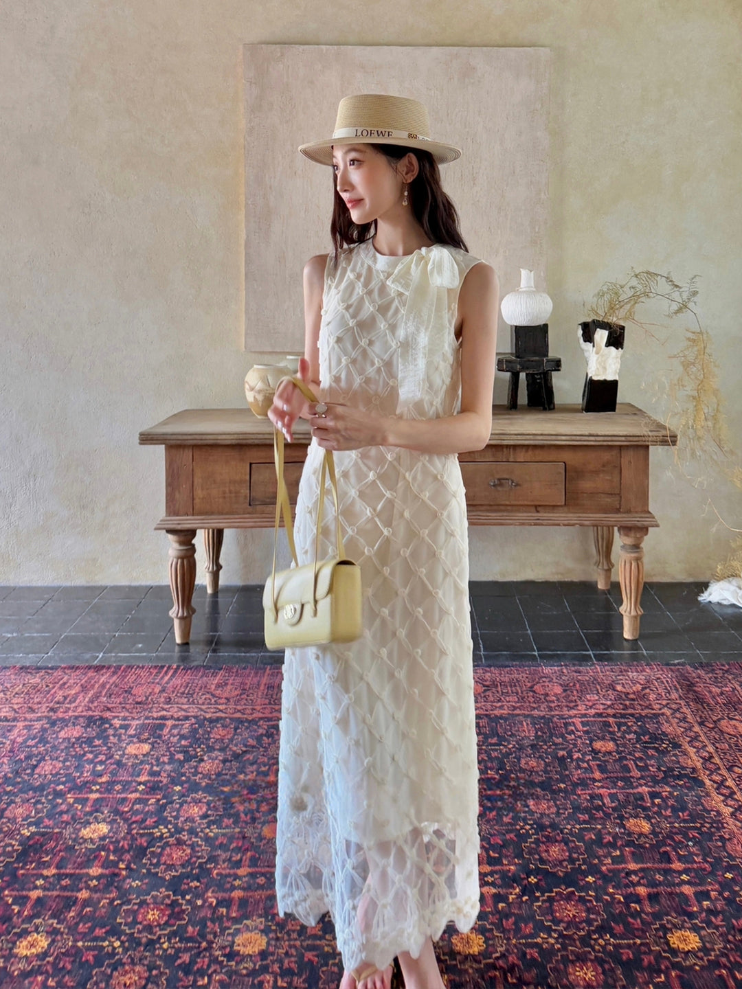 【dress】ノースリーブリボン付きロングワンピース Q8679
