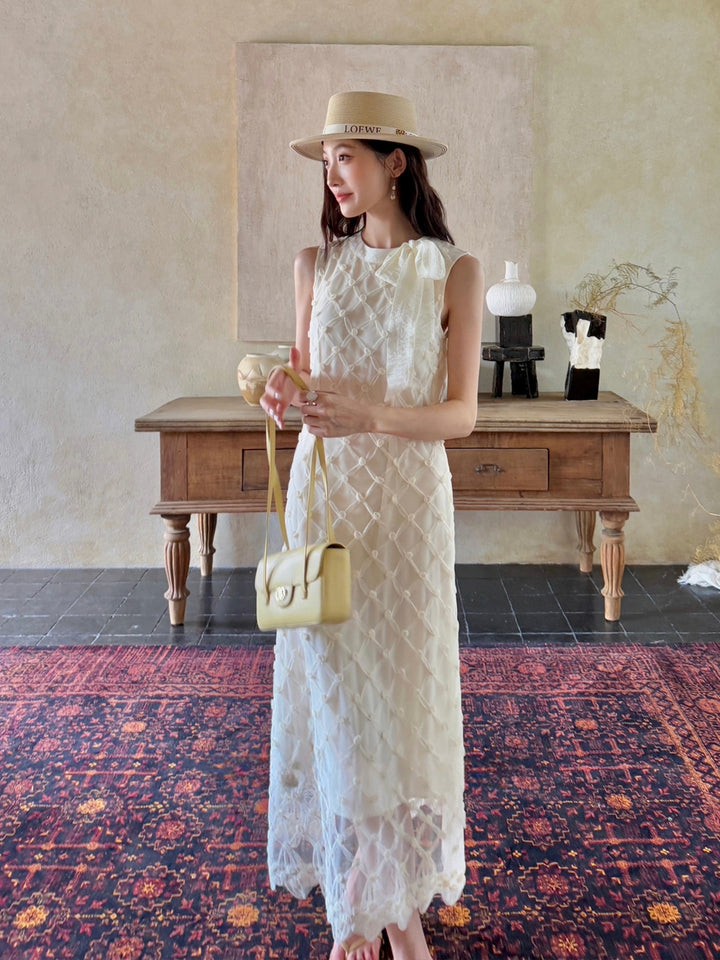 【dress】ノースリーブリボン付きロングワンピース Q8679
