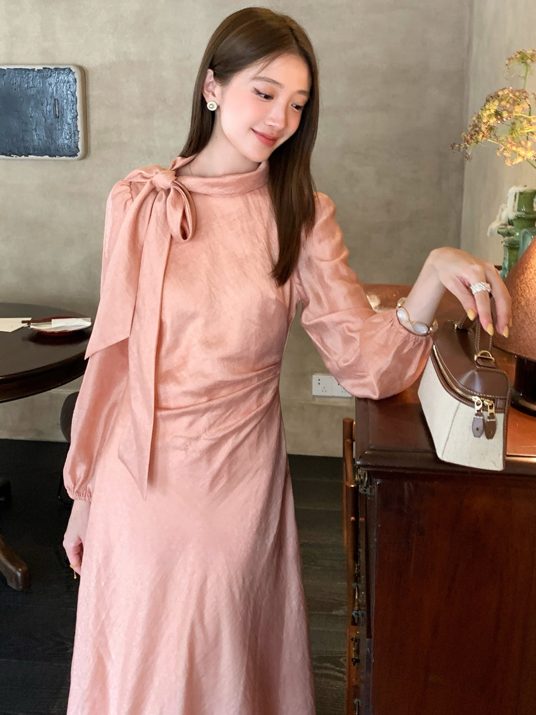 【dress】リボン付きロングワンピース Q8961