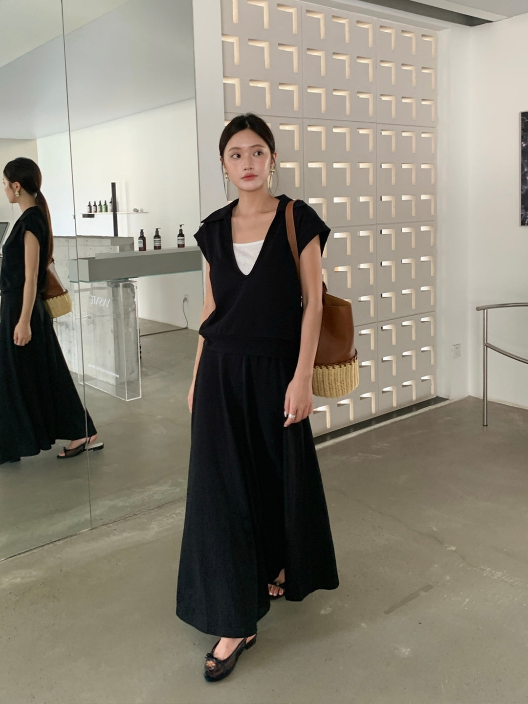 【set】フェイクレイヤードトップス×ロングスカートセット Q8660