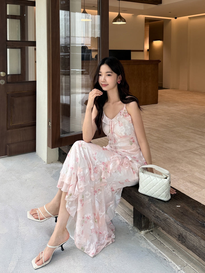 【dress】フラワー柄ギャザーフリルロングキャミワンピース Q8668