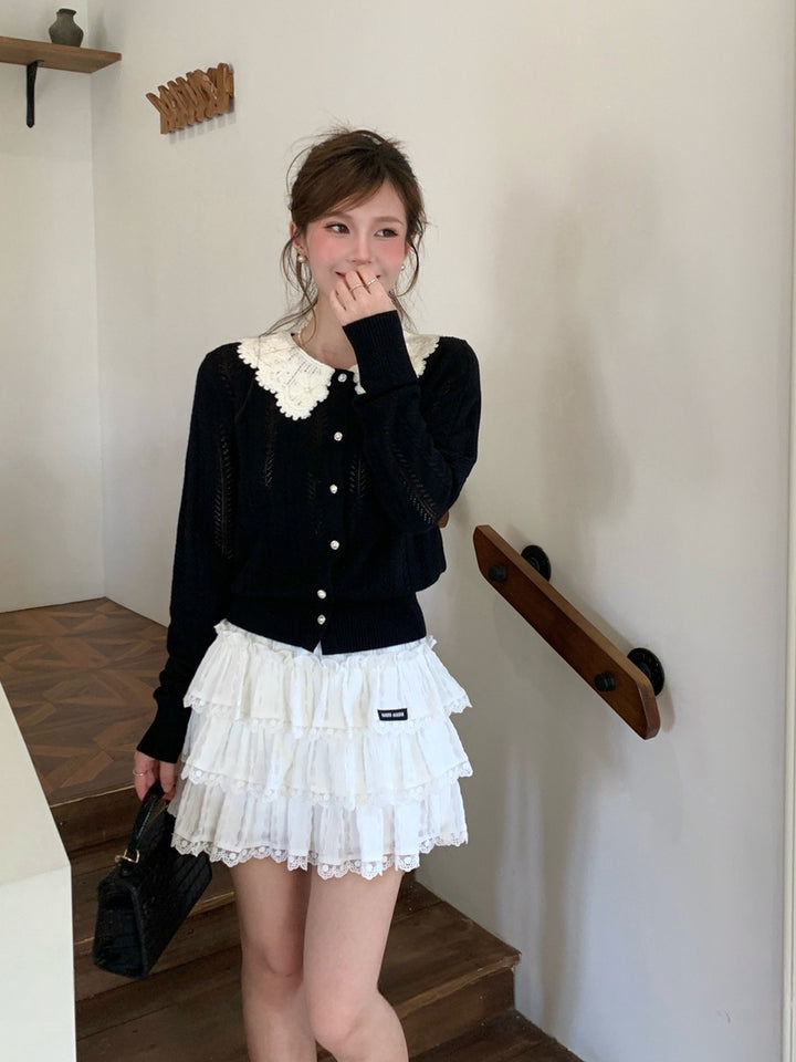 【outer】レースドッキングピーターパンカラーカーディガン Q8990