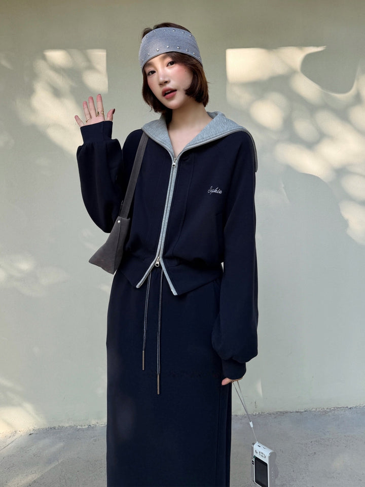 【set】ジップアップパーカー×ロングスカートセット Q9086