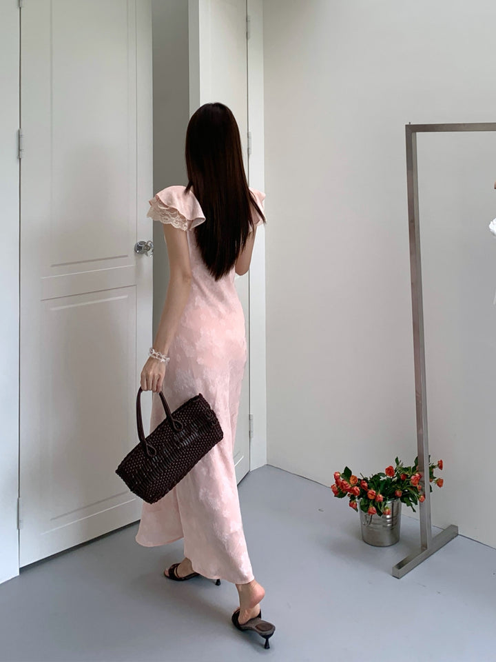 【dress】レースドッキングフラッタースリーブワンピース Q8658
