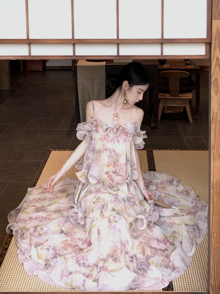 【dress】フラワー柄ギャザーフリルロングキャミワンピース Q8552