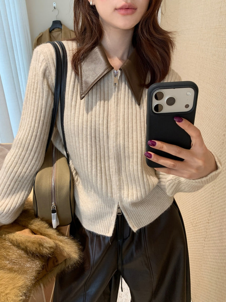 【outer】PUネックドッキングニットカーディガン Q9267