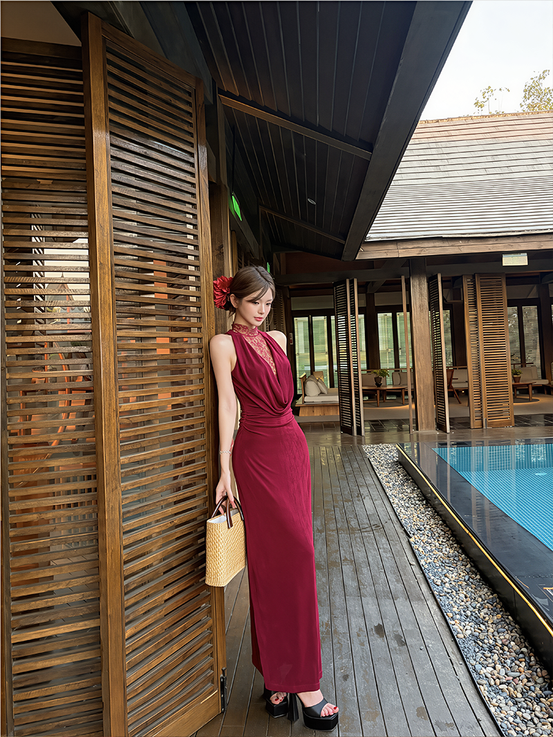 【dress】レースドッキングドレープドネックワンピース Q8634
