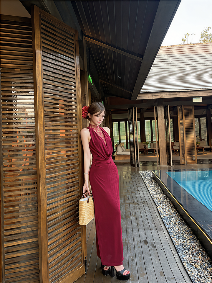 【dress】レースドッキングドレープドネックワンピース Q8634