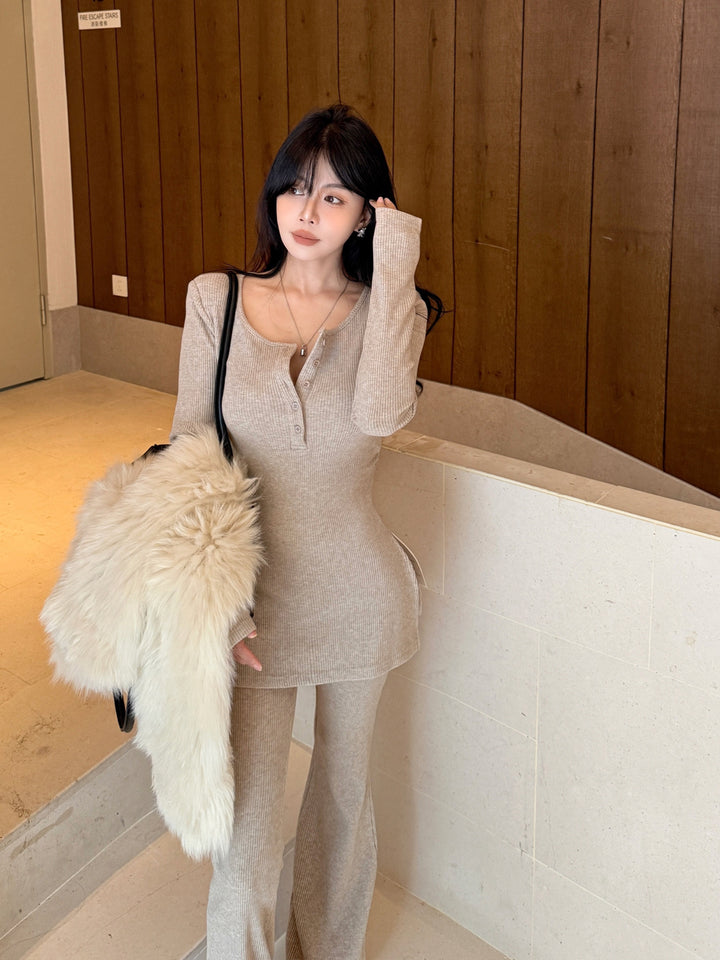 【set】Vネックニットトップス×ベルボトムパンツセット Q9180