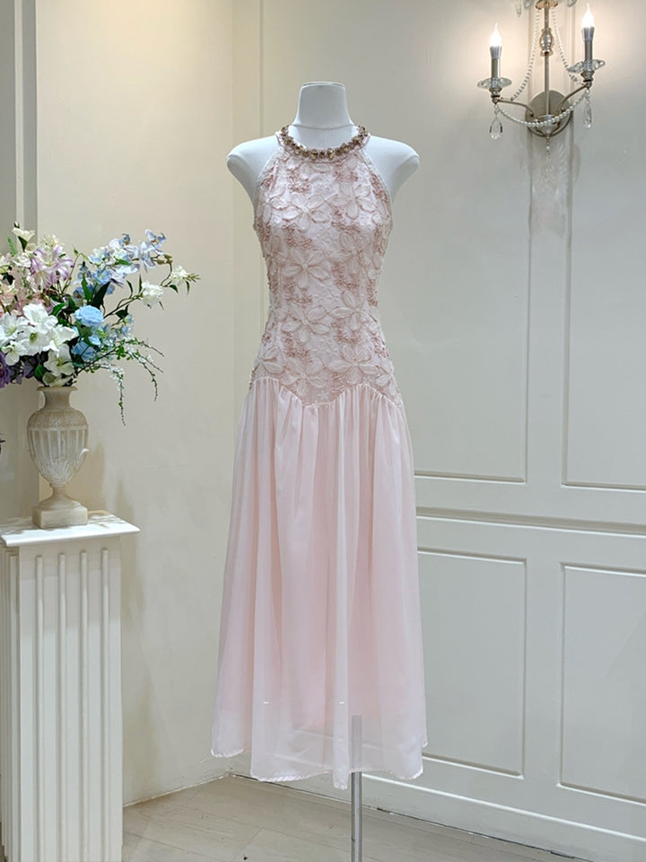 【dress】ノースリーブレースドッキングロングワンピース Q8685