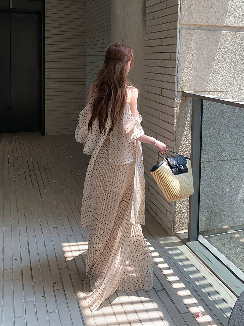 【set】ドット柄シャツ×ロングスカートセット Q8598